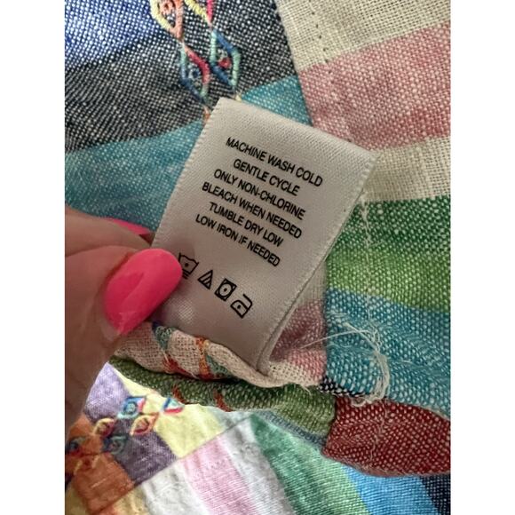 JOHN MARK Rainbow Striped 100% Linen Embroidered Raw Hem Blouse Top Sz S - Picture 9 of 11